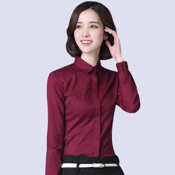 

women's t-shirt spring hidden button shirt long-sleeve korean-style slim fit slimming iron cotton dark blue business work top, White