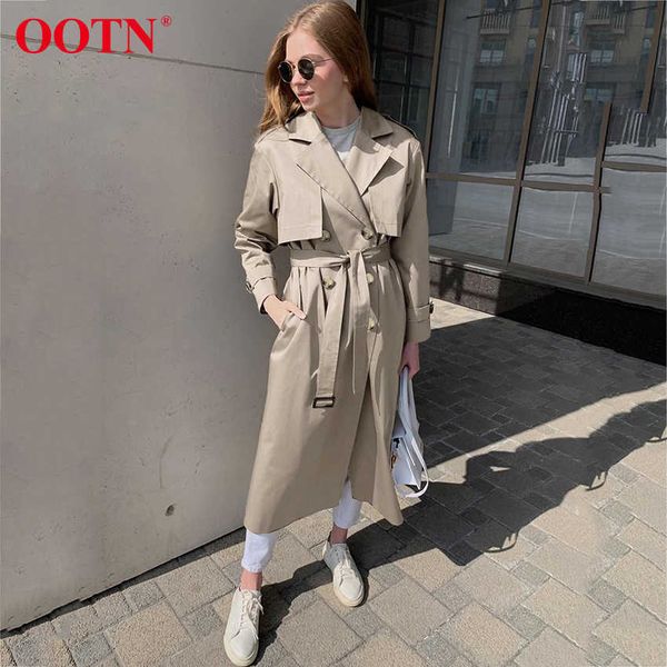 

ootn autumn winter womens trench coat sashes double breasted long sleeve outerwear elegant office ladies long coat windbreaker 201027, Tan;black
