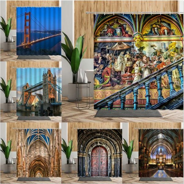

european style building shower curtain church wall painting bathroom decor creative bath screen hanging curtain waterproof cloth
