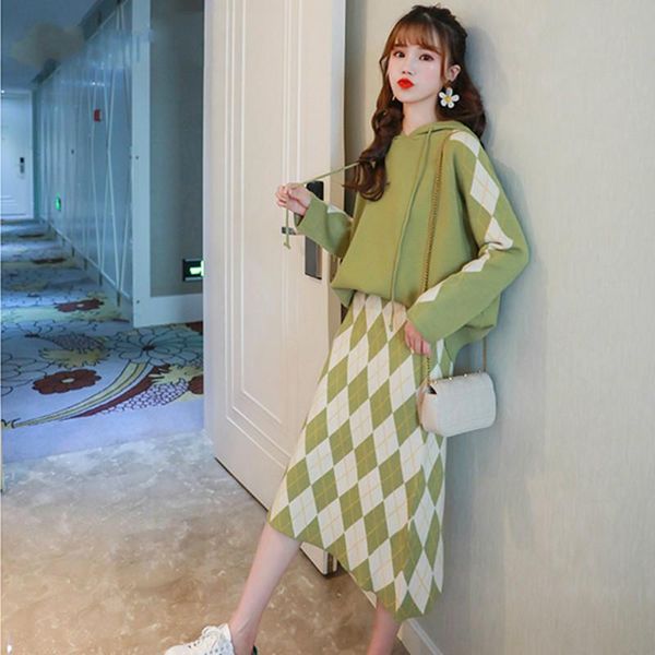 

two piece dress women autumn winter geometry knitted hoodies long sleeve sweater sweatshirts a-line skirt set female casual midi two-pieces, White