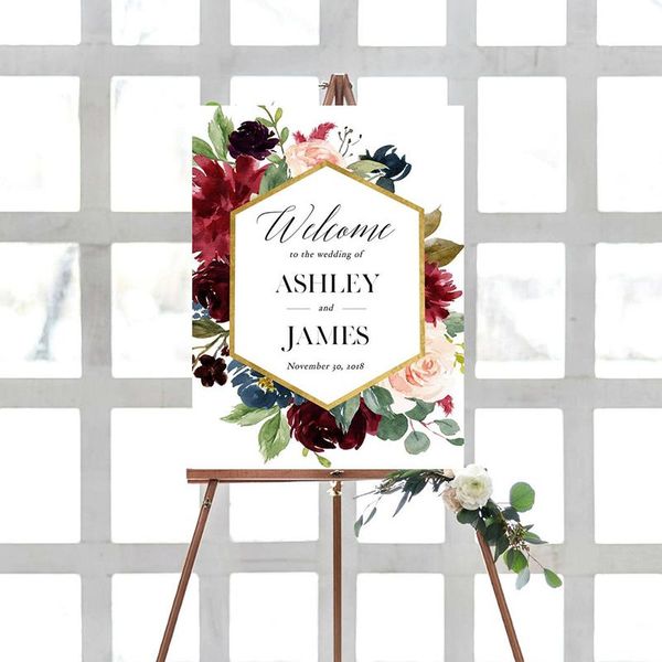 

party decoration custom welcome wedding sign floral print to our rustic burgundy printable