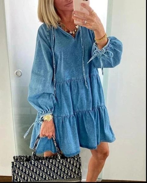 

autumn summer denim dress 2021 fashion long sleeve loose short mini dresses v neck casual lace up shirt dress vestido de mujer, Black;gray