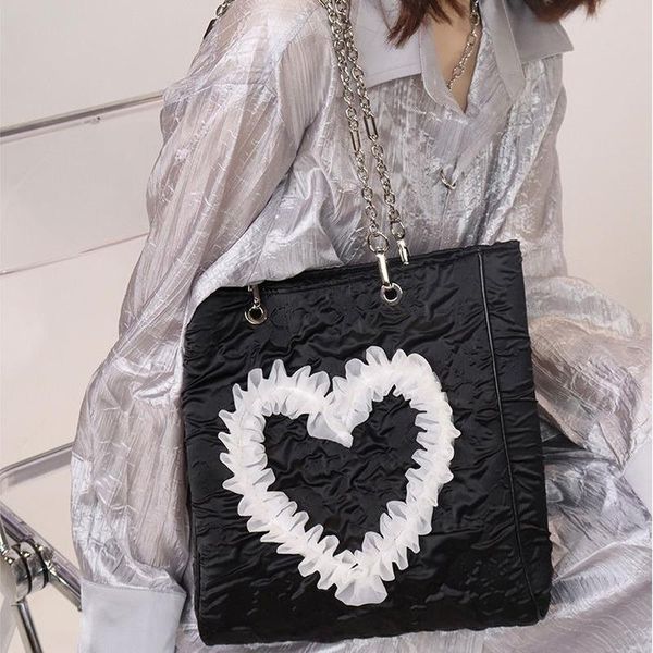 

evening bags xiuya gothic womens tote bag 2021 japanese cute heart lace pleated fabric shopper with zipper big capacity shoulder wallet