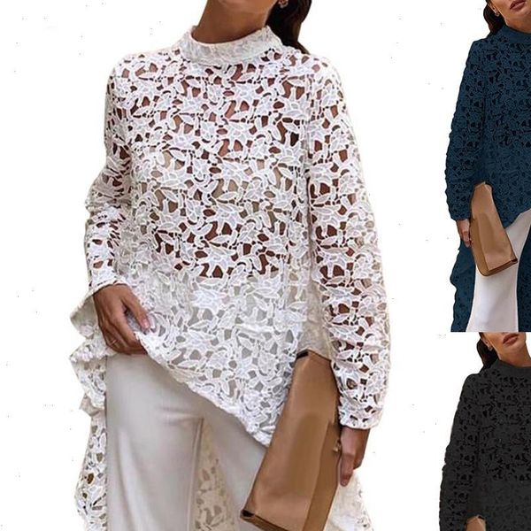 

blouse spring autumn fashion women solid color hollow out lace blouse high low round neck hollow out high low hem blouse, White