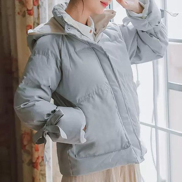 

women's down & parkas winter jacket women hooded short cotton-padded korean elegant thick warm flare sleeve bowknot coat for female, Black