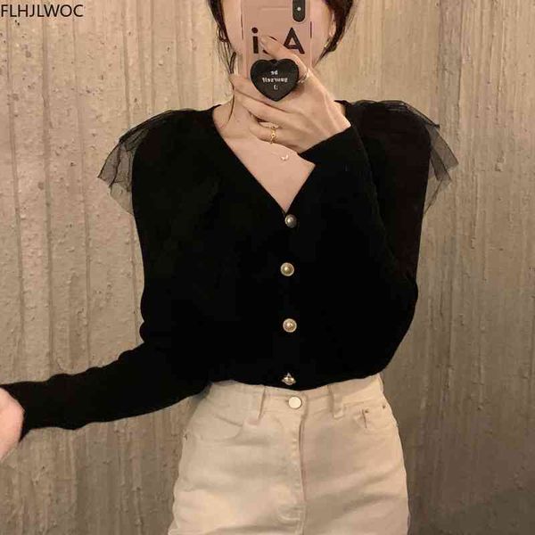 

women's sweaters women winter spring long sleeve ruffled black sheer mesh single breasted button v neck cardigans o2985 5btf, White;black