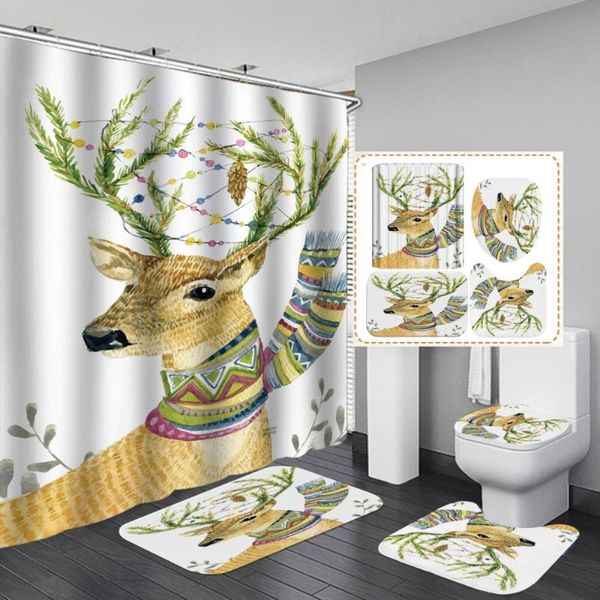 

shower curtains cartoon deer cute curtain for children bath animal print 4 pieces set soft polyester fabric toilet mat pad bathroom decor