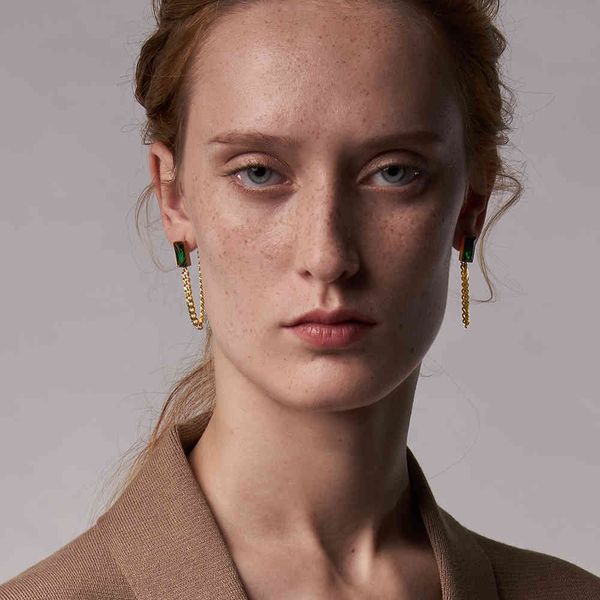 

green stone drop earrings women gold color stainless steel brincos chain dangle earings fashion jewelry 2021, Golden