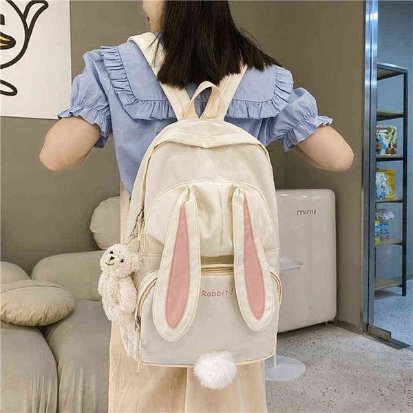 

kawaii bunny backpack japanese white high school girl school bag 3d rabbit tail bag large capacity waterproof female bag mochila y1105