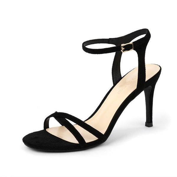 

sandals women high heels shoes woman 8.5cm thin pumps ladies flock solid ankle straps casual wedding, Black