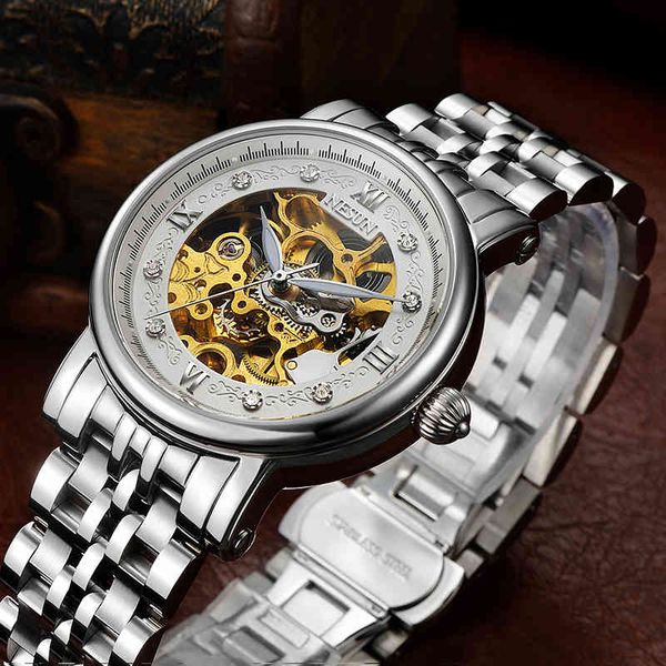 

nesun men dress fashion automatic self-wind mechanical watches hollow waterproof mark male relogio masculino clock, Slivery;brown