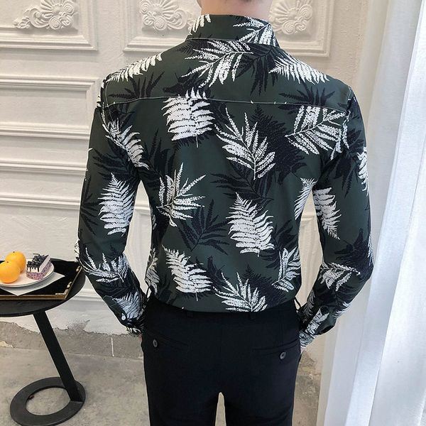 

2021 spring flower men's slim fashion printed casual long sleeve men shirt british style society mens shirts m-3xl 0pds, White;black