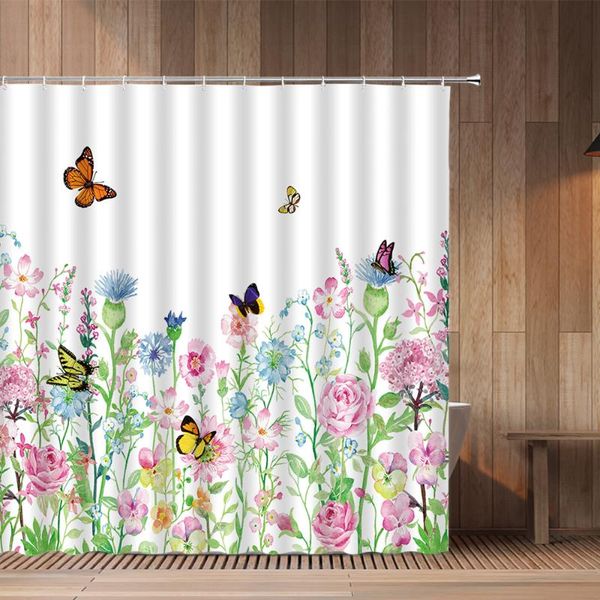 

shower curtains flowers butterfly florals plant green leaf bathroom decor cloth hanging curtain waterproof bathtub screen set