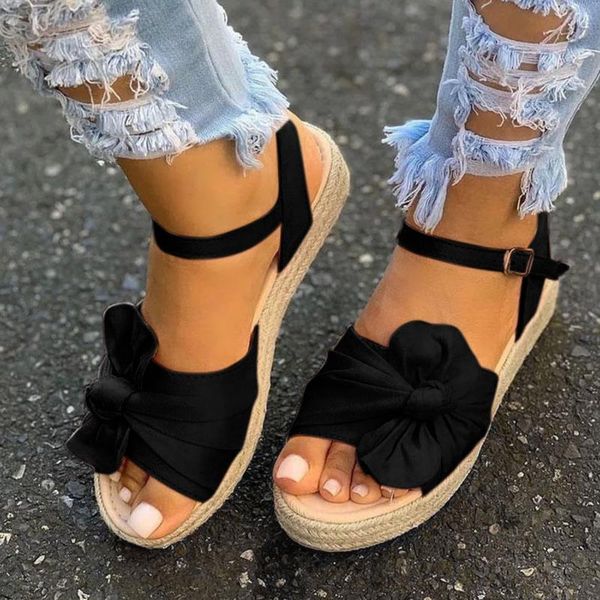 

sandals women fashion 2021 large size bowknot buckle fish mouth wedges platform flip flop summer femme plus, Black