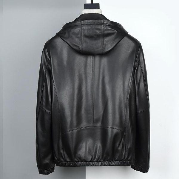 

men's leather & faux genuine jacket men hooded real sheepskin coat spring plus size jackets veste cuir homme a18008 kj2112, Black