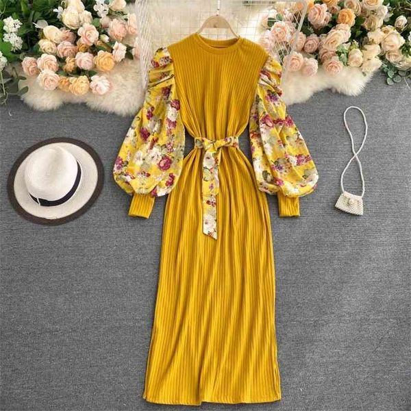 

floral print splice puff sleeve long dress women fashion o neck knitted patchwork maxi spring autumn female vintage 210603, Black;gray