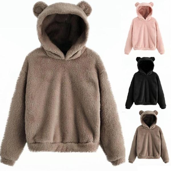 

women's hoodies & sweatshirts preppy lovely with bears ears solid teddy hoodie pullovers women warm sweatshirt autumn campus casual, Black