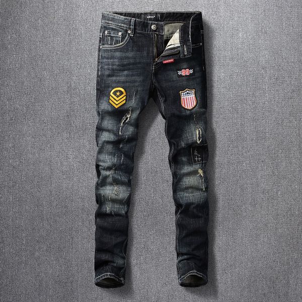 

2021 new fashion streetwear men jeans retro black blue slim fit ripped denim punk trousers night club patches designer hip hop pants male f4