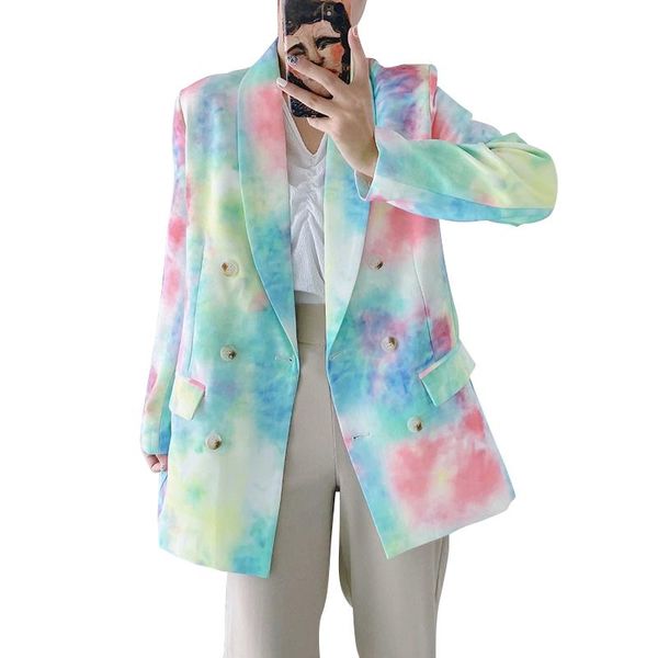 

women's suits & blazers double breasted blazer coat women tie dye lapel full sleeve loose coats 2021 autumn fashion elegant streetwear, White;black