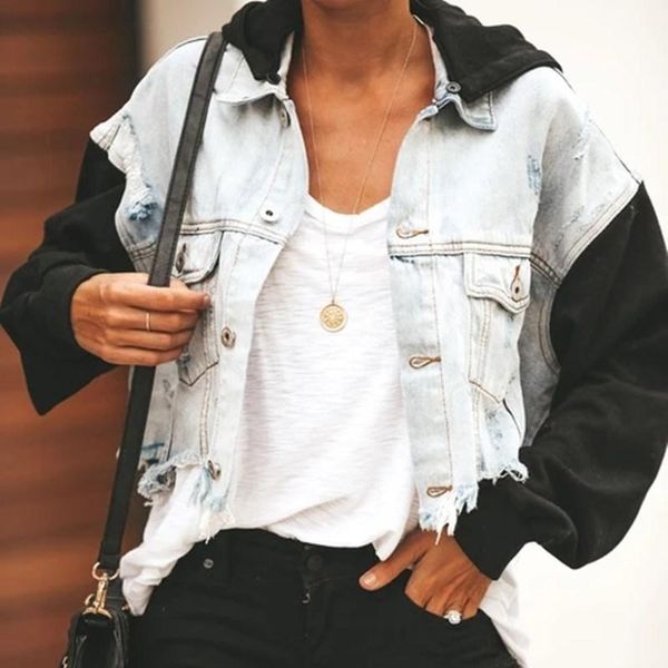 

women's jackets autumn women ripped patchwork denim vintage casual jean jacket long sleeve winter female coat streetwear plus size, Black;brown