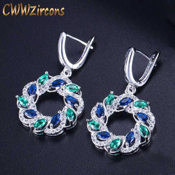 

silver color green blue cubic zirconia crystal long dangling round big hoop earrings for women jewelry cz402 210714, Golden;silver