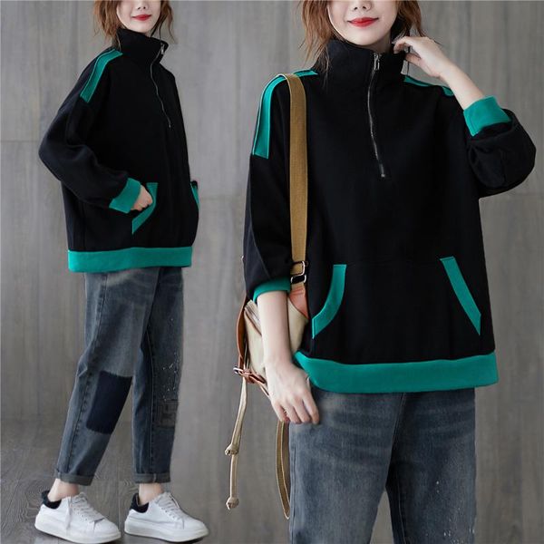 

women's hoodies & sweatshirts fashion aesthetic colorblock contrast pocket high neck zip turtleneck black oversized sweatshirt women ko