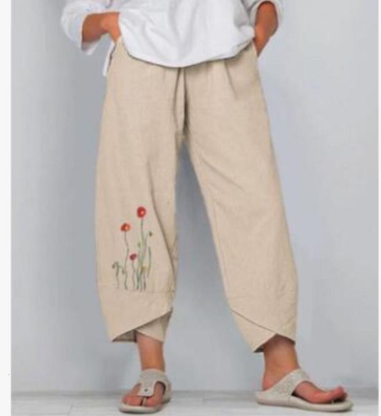 

summer relaxed cotton and hemp embroidered wide leg pants, Black;white