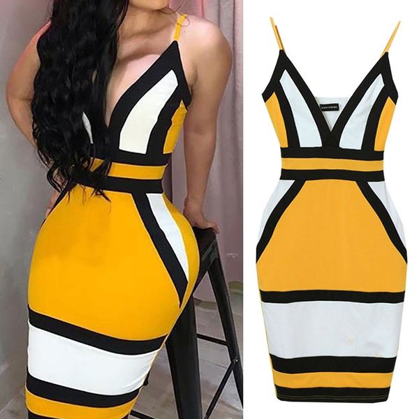 

dress women geometric figure yellow strap bodycon casual deep v neck boho resort high waist club party dress2021, Black;gray