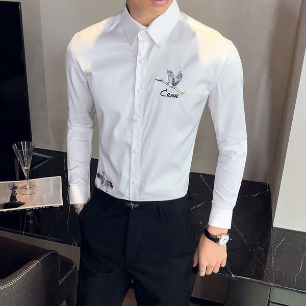 

2021 new estilo britnico simples bordado camisa masculina manga longa moda magro ajuste casual clube baile vestido blusa homme preto/branco, Black;brown