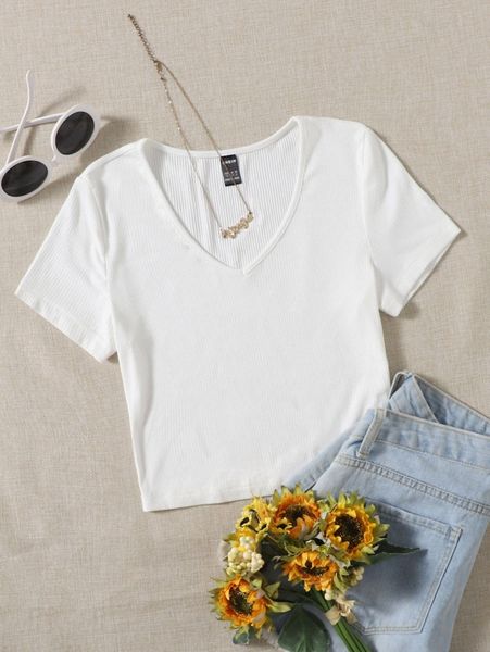 

v neck rib-knit tee z3fd#, White