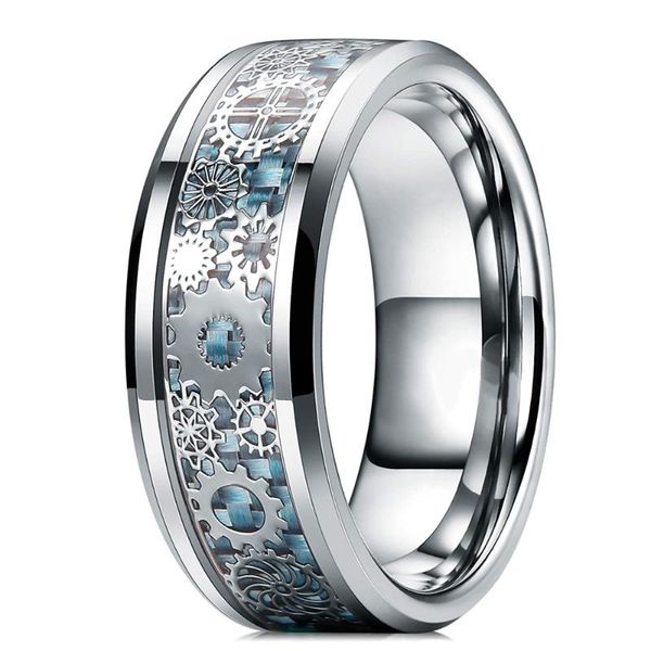 

wedding rings vintage mens steampunk gear wheel stainless steel ring celtic dragon inlay light blue carbon fiber gothic band, Slivery;golden