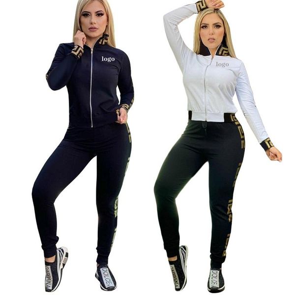 

women's two piece pants fall 2021 chic suit street sport zipper cardigan with casual pant set gold edge digital stamping two-piece, White