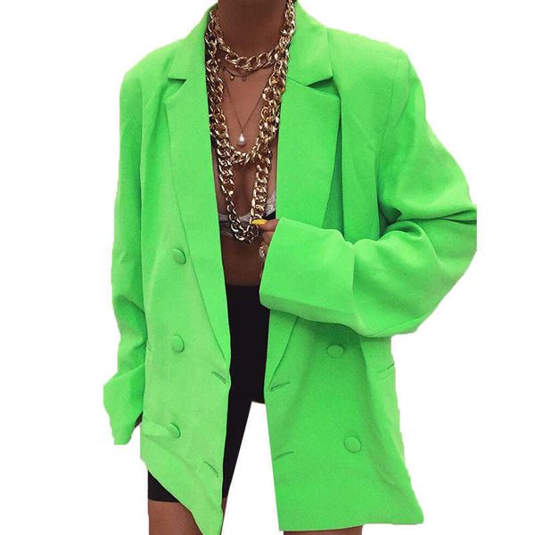 BKLD Neon Grün Herbst Mode Revers Blazer Büro Mantel Jacke Casual Frauen Langarm Zweireiher BusinWork Anzug 2019 X0721