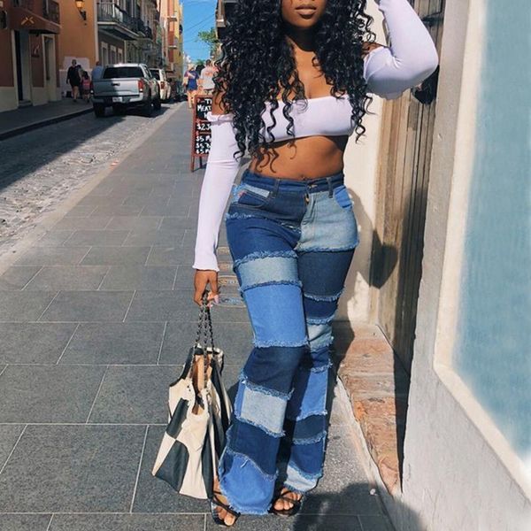 

women's jeans color block high waist flare with pockets streetwear ladies trousers bell bottoms jean pants, Blue