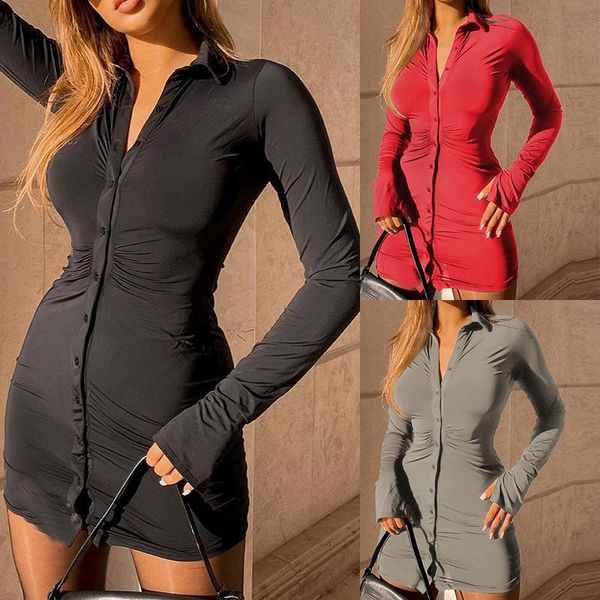 

casual dresses shirt dress long sleeve women mini ruched button up office lady workout elegant vestidos mujer robe femme, Black;gray