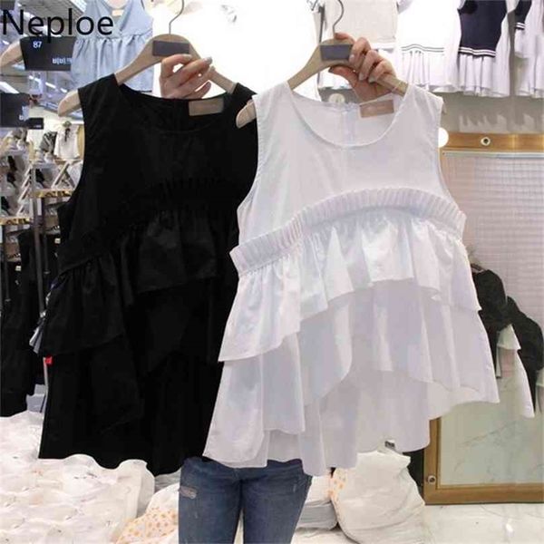 

neploe ruffles blouse women spring solid o neck sleeveless ladies blusa shirts fashion casual female 1b704 210719, White