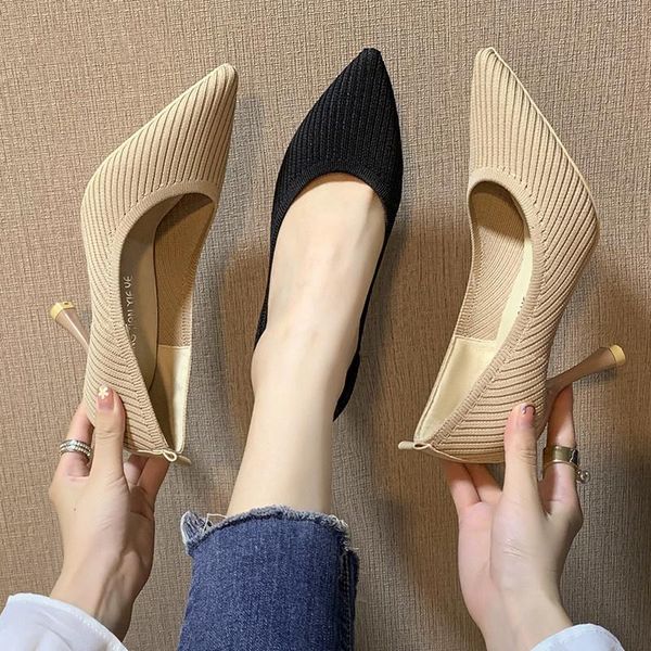 

dress shoes fashion black high heels 2021 autumn shallow mouth women's professional work pointed toe stiletto knitted single