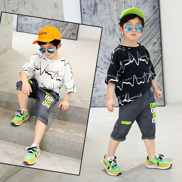 

boys' summer suit 2021 new children's handsome short sleeve jeans, White