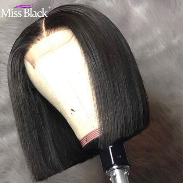 

lace wigs 4x4 closure short bob human hair pre-plucked brazilian straight swiss 150% density remy for black women, Black;brown