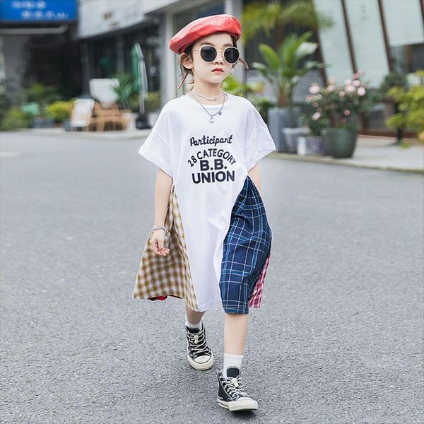 

summer patchwork loose kids girl dress girls 8 10 12 years short sleeve big casual, Red;yellow