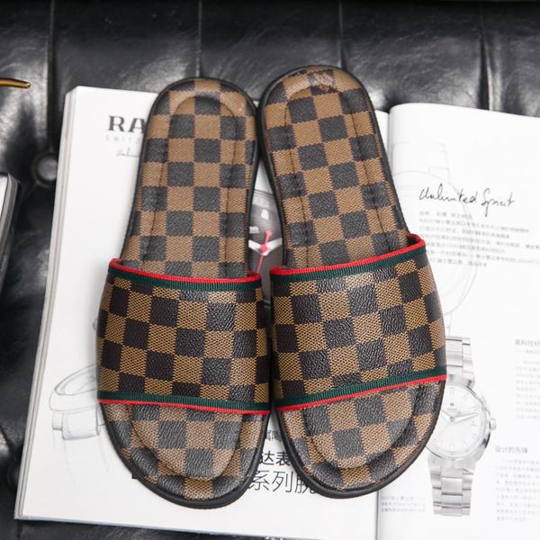 

checkered pattern men slippers luxury brand designer genuine leather slides black brown beach flip flop outdoor indoor flat sandals slipper