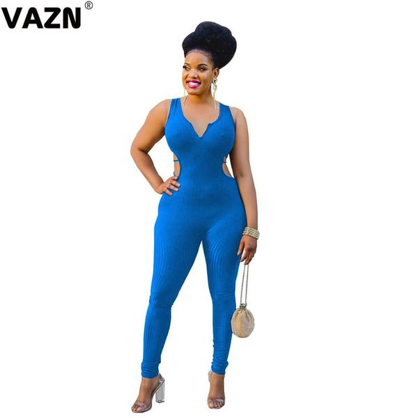 

women's jumpsuits & rompers vazn special 2021 summer lady black blue solid long jumpsuit sleeveless v-neck backless skinny, Black;white
