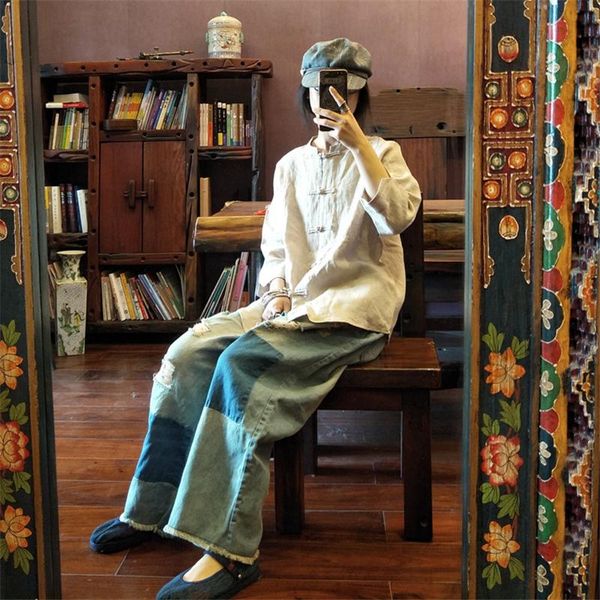 

women's pants & capris johnature women vintage wide leg elastic waist linen denim trouser 2021 summer loose hole bleached, Black;white