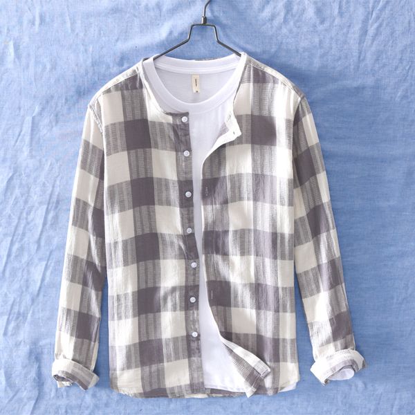 

2021 new arrival long sleeve plaid linen shirts men brand gray mens casual fashion shirt male camisa chemise 864n, White