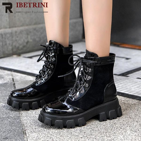 

boots ribetrini brand genuine leather platform shoes lace chunky heel fashion winter women stylish cool woman, Black