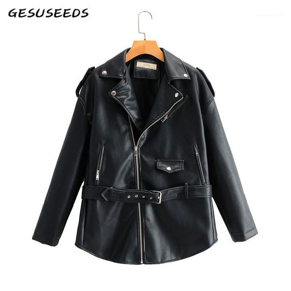 

women's leather & faux autumn 2021 jacket women long coat loose black pu belt moto lady zipper basic