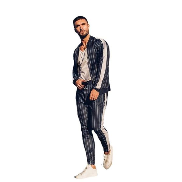 

men's tracksuits autumn stripe sportwear suit sweatshirt tracksuit casual active zipper outwear training clothes sets, Gray