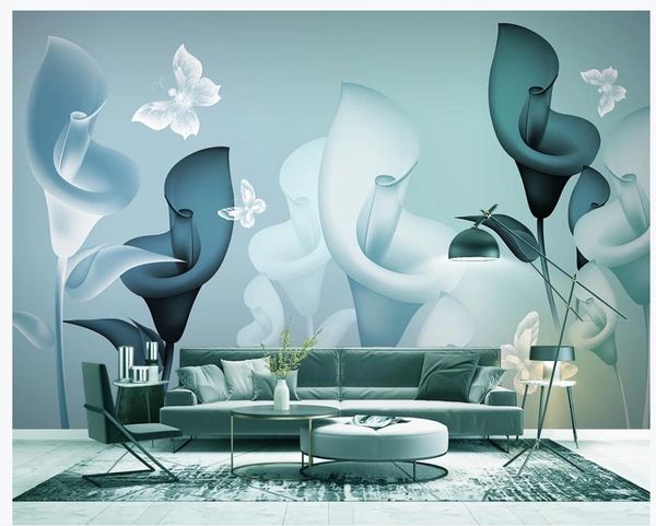 Moderner lebender Stil Tapete minimalistische schöne traum blume schmetterling calla lily tv sofa hintergrund mild wandbild