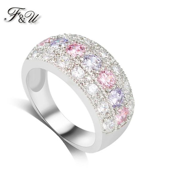 

wedding rings f&u silver color pink and purple zircon crystal mixed fashion unique design engagement & ring, Slivery;golden