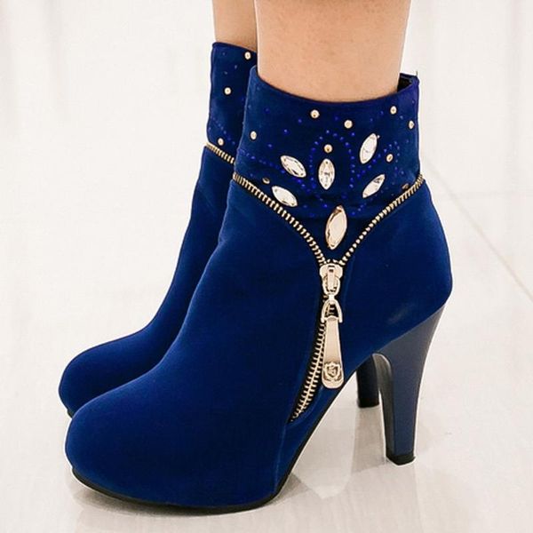 

boots s women shoes high heels ankle fashion rhinestone winter solid round toe 2021 bota feminina, Black